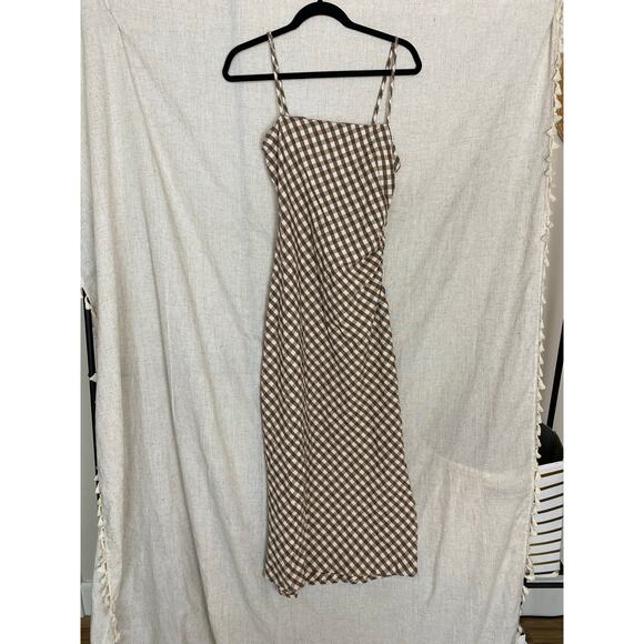 House of Harlowe 1960 Brown Gingham Check Ruched Sheath Midi Slip Dress - L - Picture 4 of 16